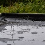 A flat black roof with rain pouring over it, pooling into a puddle on top of the house with trees in the background.