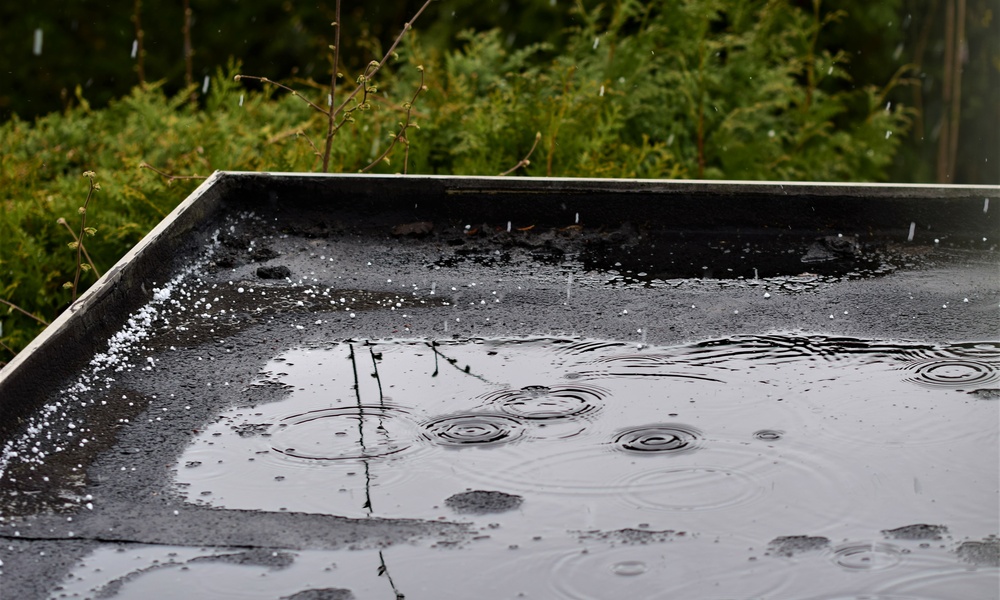 A flat black roof with rain pouring over it, pooling into a puddle on top of the house with trees in the background.