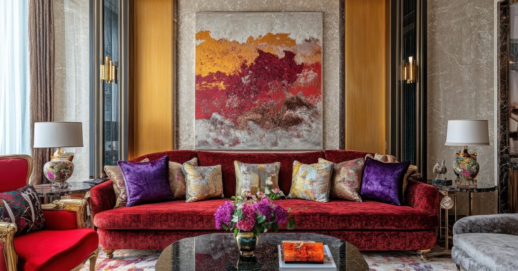 A red velvet sofa with purple and patterned pillows sits below abstract art and gold sconces on the wall.